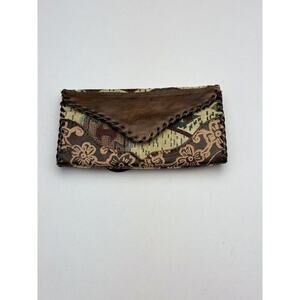 Handmade Brown Leather Tooled Wallet Fabric Aztec print‎